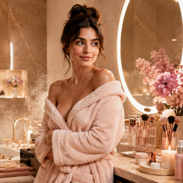 A woman in a pink robe prepares for her daily skincare routine in a luxury bathroom