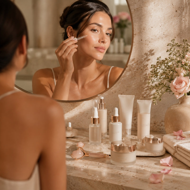 A woman applying hydrating face cream in front of a mirror